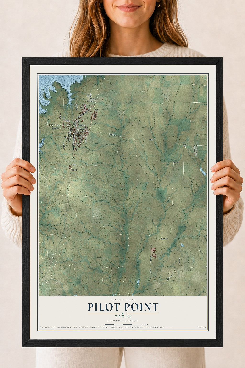 Map of Pilot Point, Texas, 18 x 24 inch print in a black wood frame