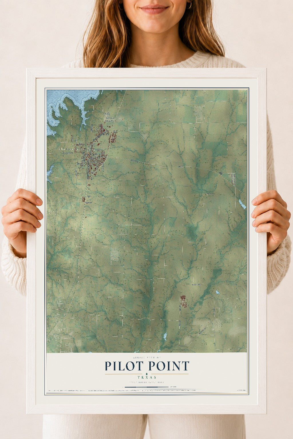 Map of Pilot Point, Texas, 18 x 24 inch print in a white wood frame