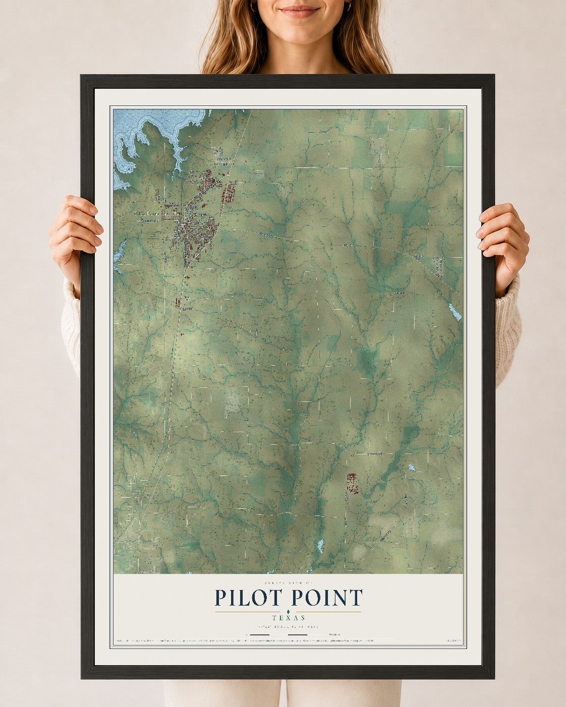 Map of Pilot Point, Texas, 24 x 36 inch print in a black wood frame