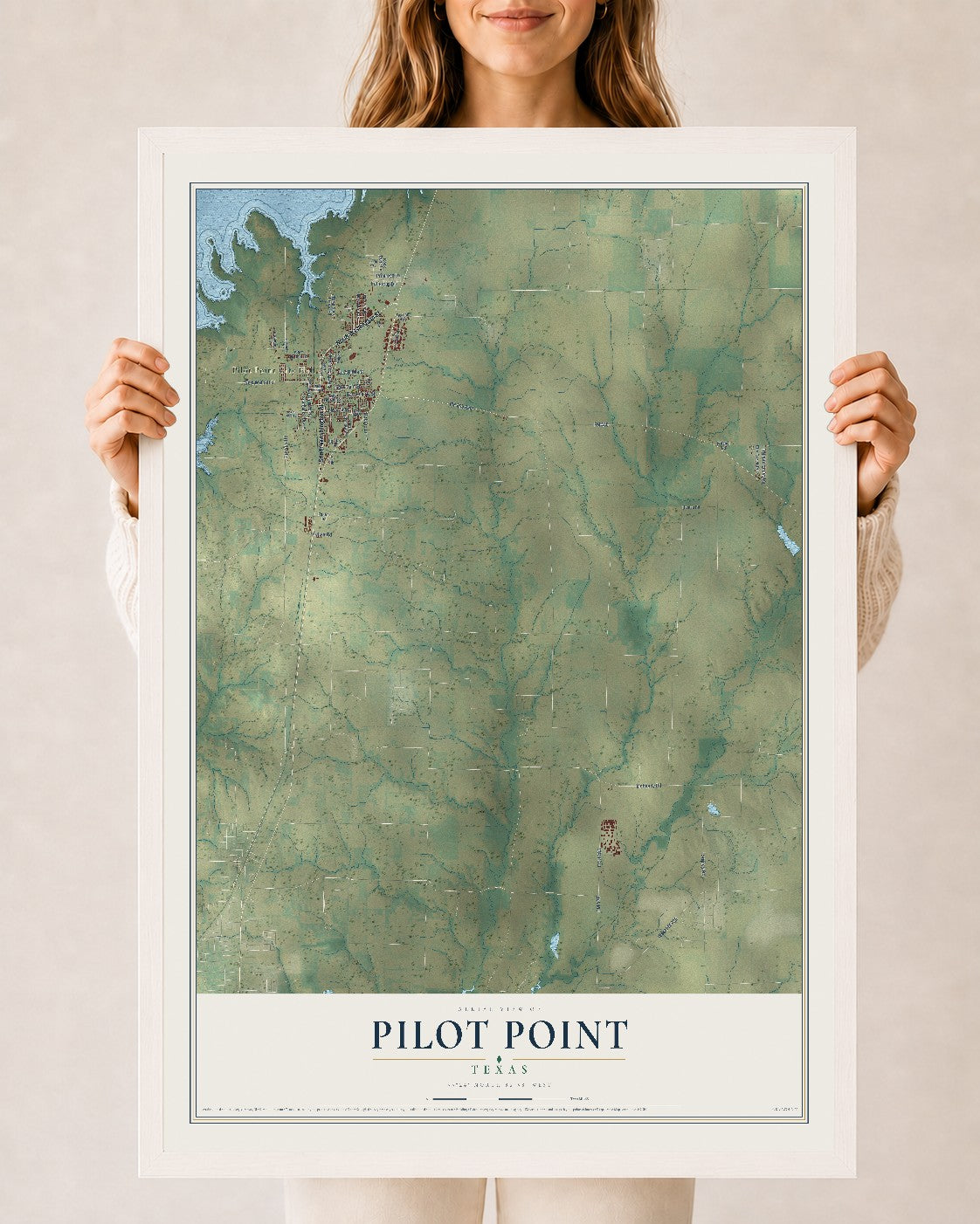 Map of Pilot Point, Texas, 24 x 36 inch print in a white wood frame
