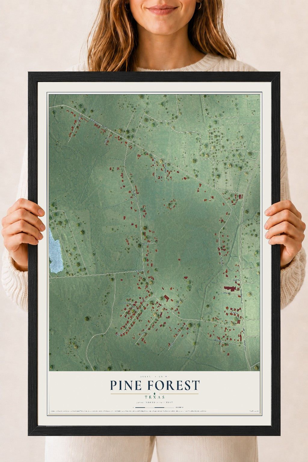 Map of Pine Forest, Texas, 18 x 24 inch print in a black wood frame