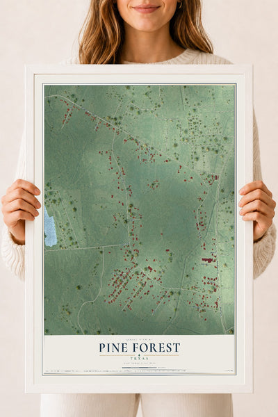 Map of Pine Forest, Texas, 18 x 24 inch print in a white wood frame