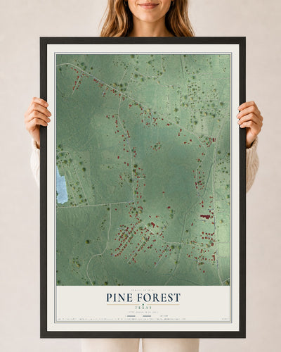 Map of Pine Forest, Texas, 24 x 36 inch print in a black wood frame