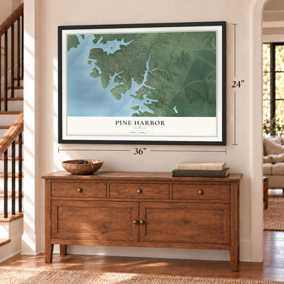 Pine Harbor, Texas map, 24 x 36 inch print in a black frame above a dresser by a staircase