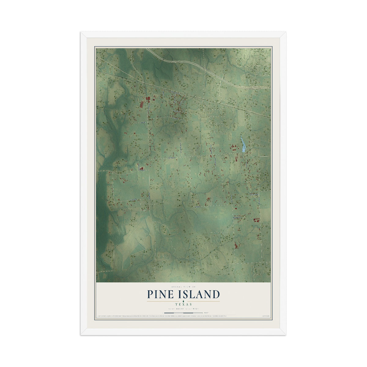 Map of Pine Island, Texas, 12 x 18 inch print in a white wood frame