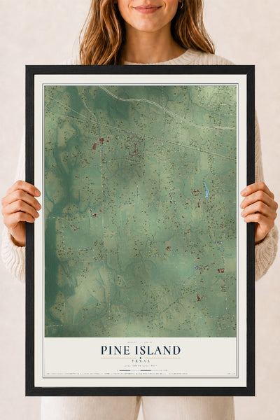 Map of Pine Island, Texas, 18 x 24 inch print in a black wood frame