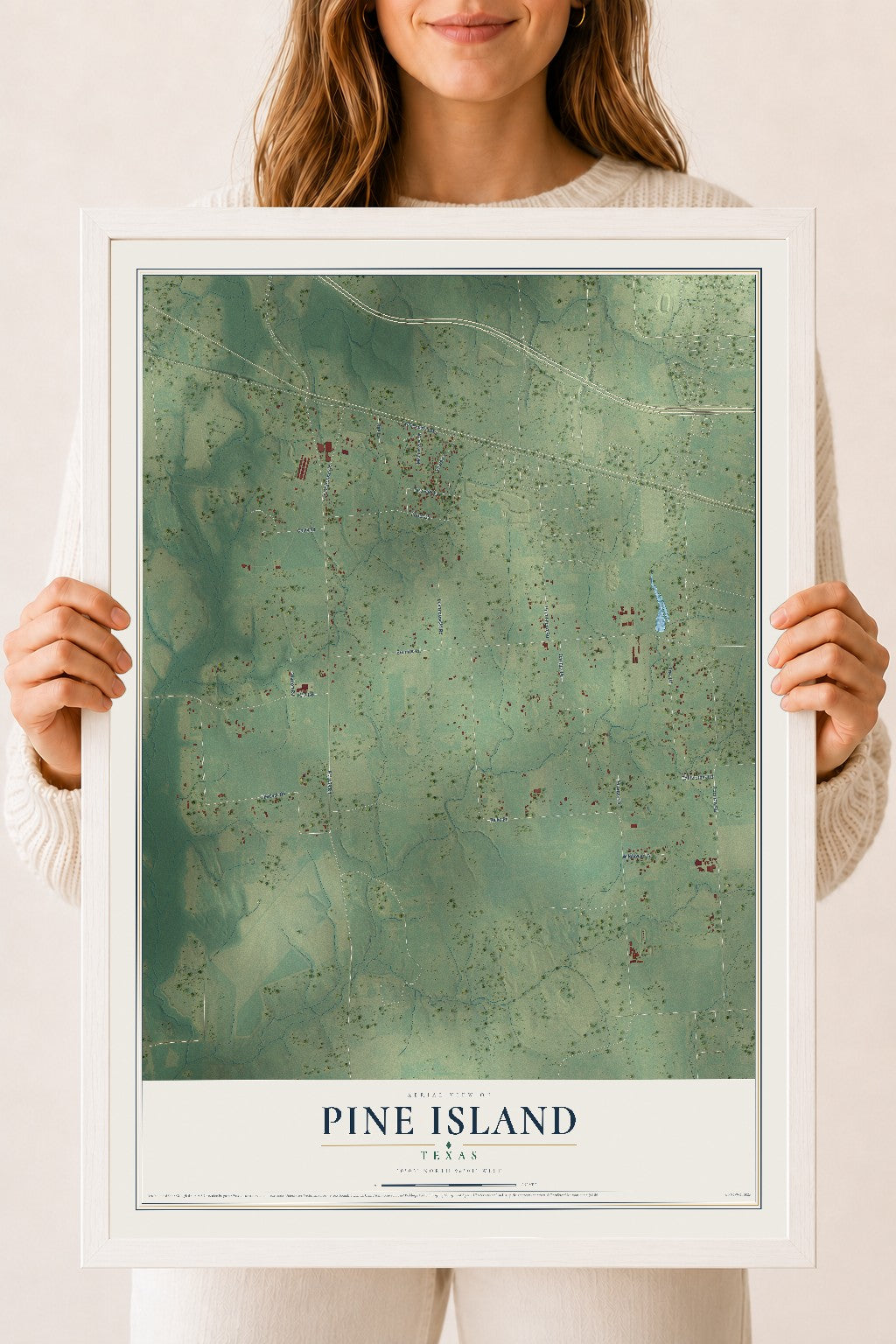 Map of Pine Island, Texas, 18 x 24 inch print in a white wood frame
