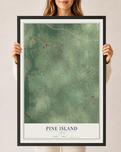 Map of Pine Island, Texas, 24 x 36 inch print in a black wood frame
