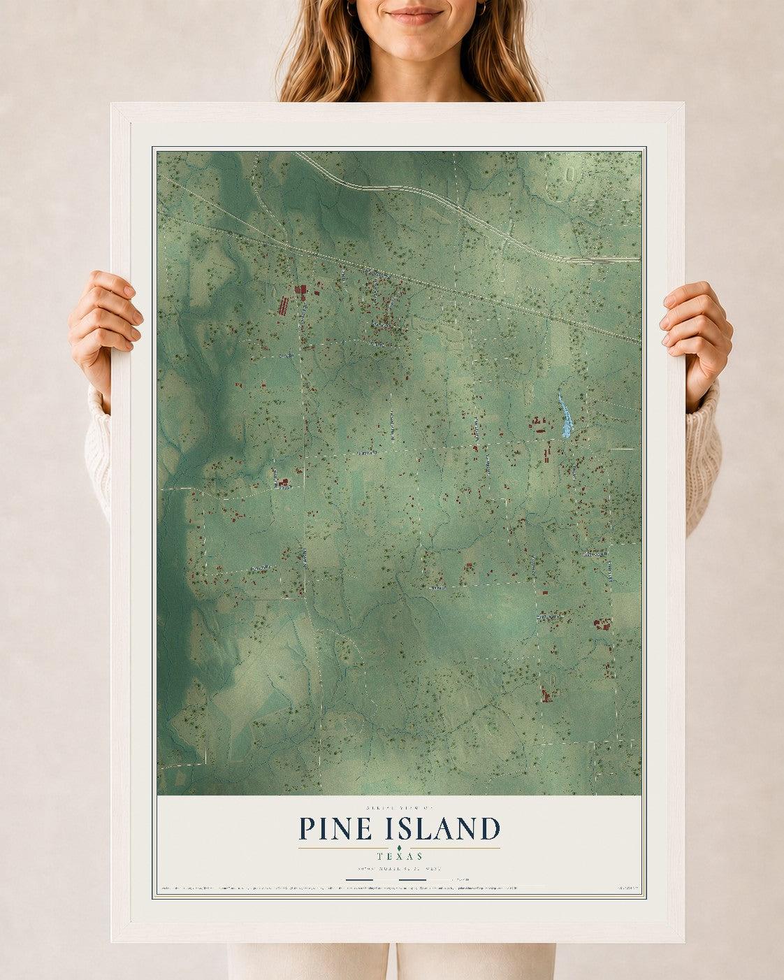 Map of Pine Island, Texas, 24 x 36 inch print in a white wood frame