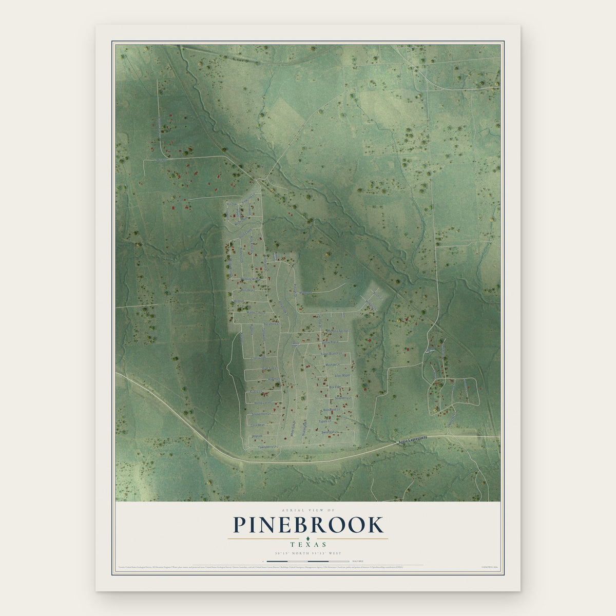 Pinebrook, Texas map print, the full design