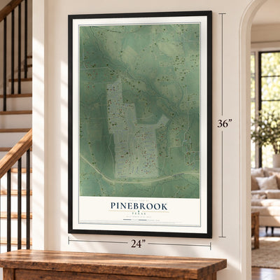 Pinebrook, Texas map, 24 x 36 inch print in a black frame by a staircase