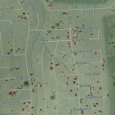 Close-up of the map of Pinebrook, Texas print showing street and building detail