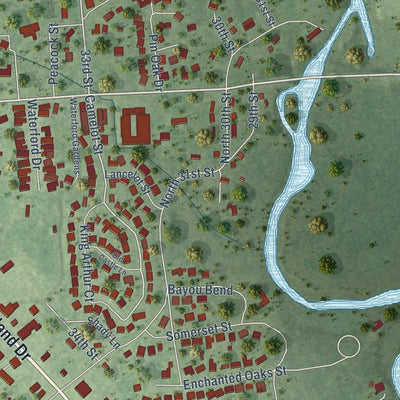 Close-up of the map of Pinehurst, Texas print showing street and building detail