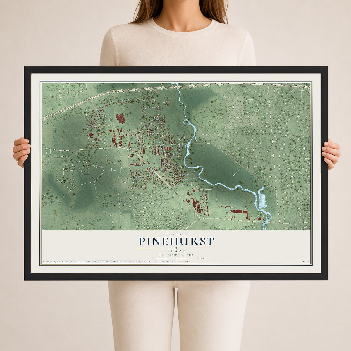 Map of Pinehurst, Texas, 24 x 36 inch print in a black wood frame
