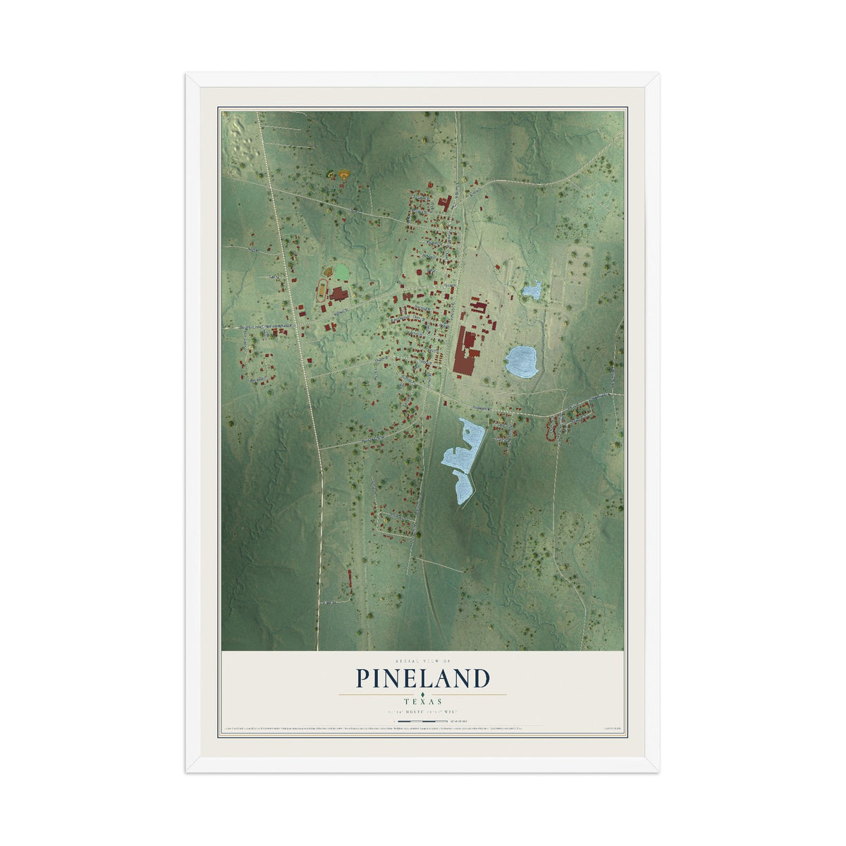 Map of Pineland, Texas, 12 x 18 inch print in a white wood frame