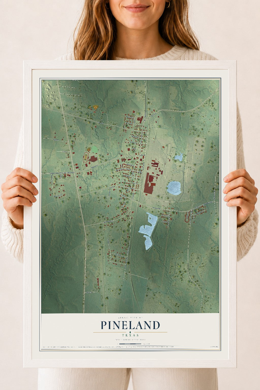 Map of Pineland, Texas, 18 x 24 inch print in a white wood frame