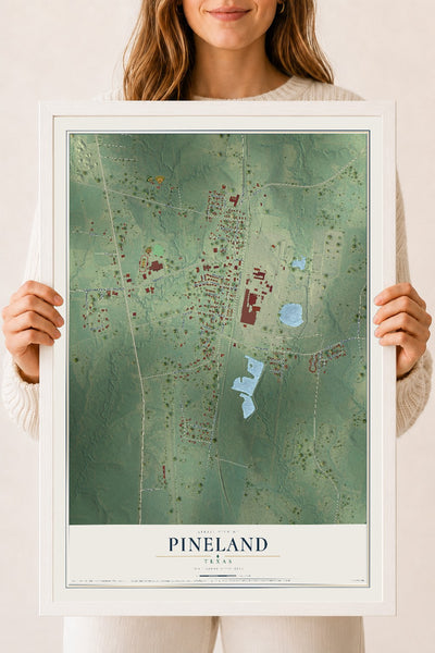 Map of Pineland, Texas, 18 x 24 inch print in a white wood frame