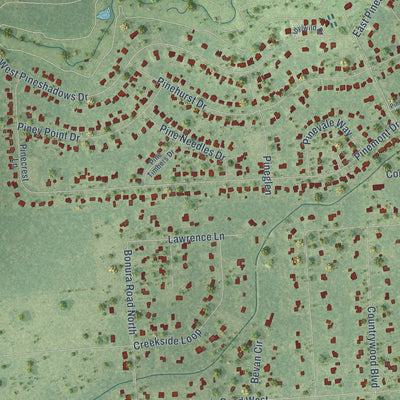 Close-up of the map of Pinewood Estates, Texas print showing street and building detail