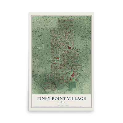 Map of Piney Point Village, Texas, 12 x 18 inch unframed archival matte print