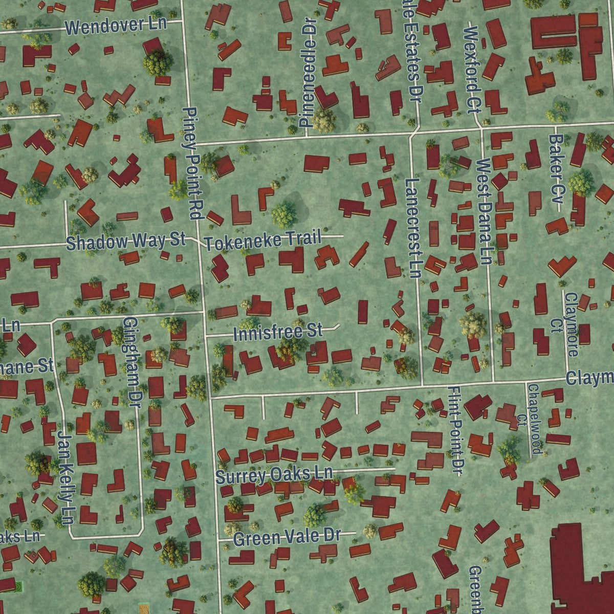 Close-up of the map of Piney Point Village, Texas print showing street and building detail