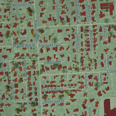 Close-up of the map of Piney Point Village, Texas print showing street and building detail