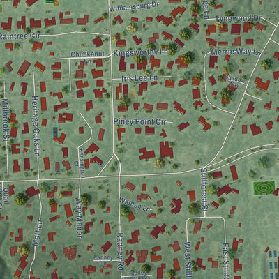 Second close-up of the map of Piney Point Village, Texas print showing more streets and buildings