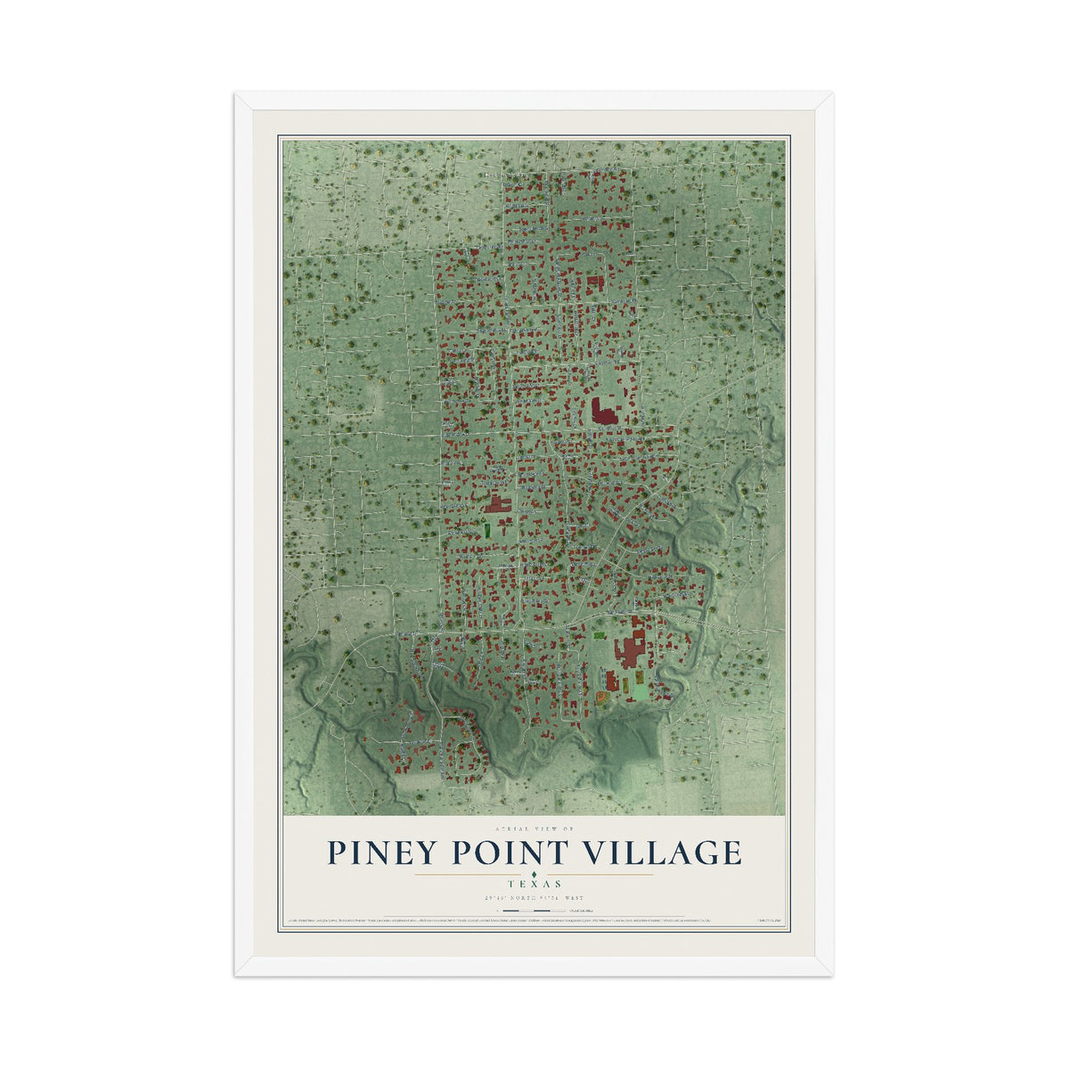 Map of Piney Point Village, Texas, 12 x 18 inch print in a white wood frame
