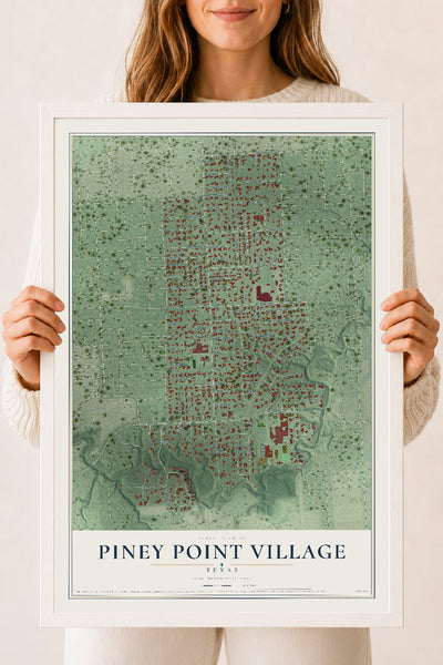 Map of Piney Point Village, Texas, 18 x 24 inch print in a white wood frame