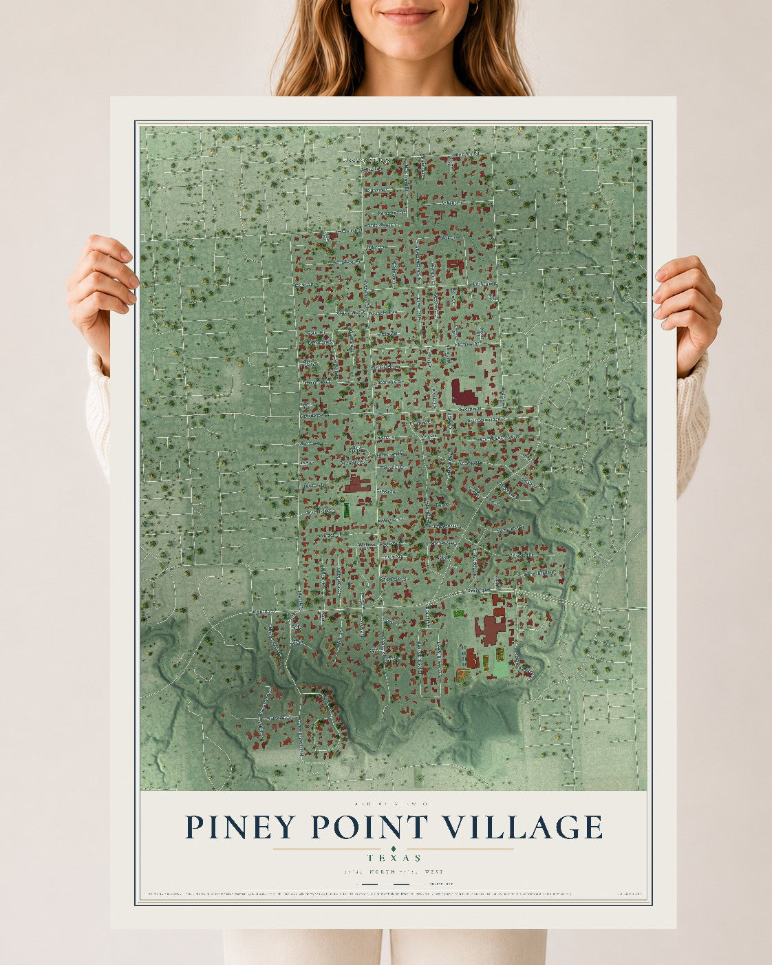Map of Piney Point Village, Texas, 24 x 36 inch unframed archival matte print