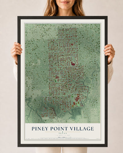Map of Piney Point Village, Texas, 24 x 36 inch print in a black wood frame