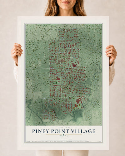 Map of Piney Point Village, Texas, 24 x 36 inch print in a white wood frame