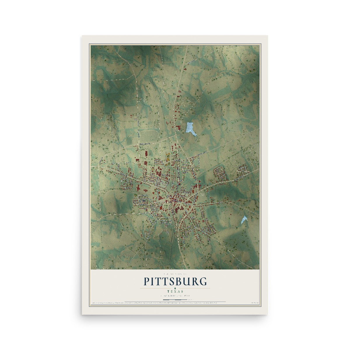 Map of Pittsburg, Texas, 12 x 18 inch unframed archival matte print