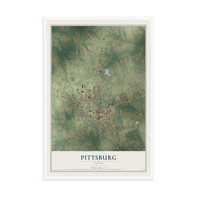 Map of Pittsburg, Texas, 12 x 18 inch print in a white wood frame