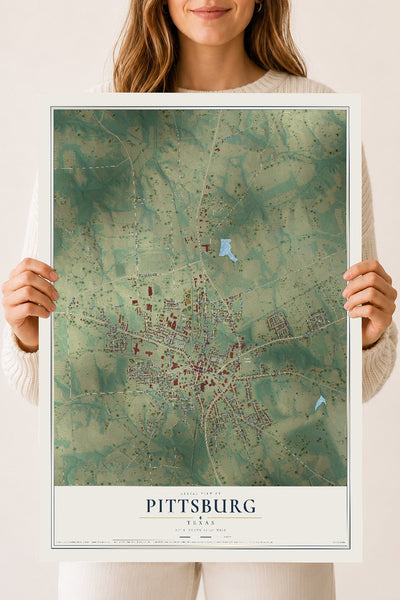 Map of Pittsburg, Texas, 18 x 24 inch unframed archival matte print