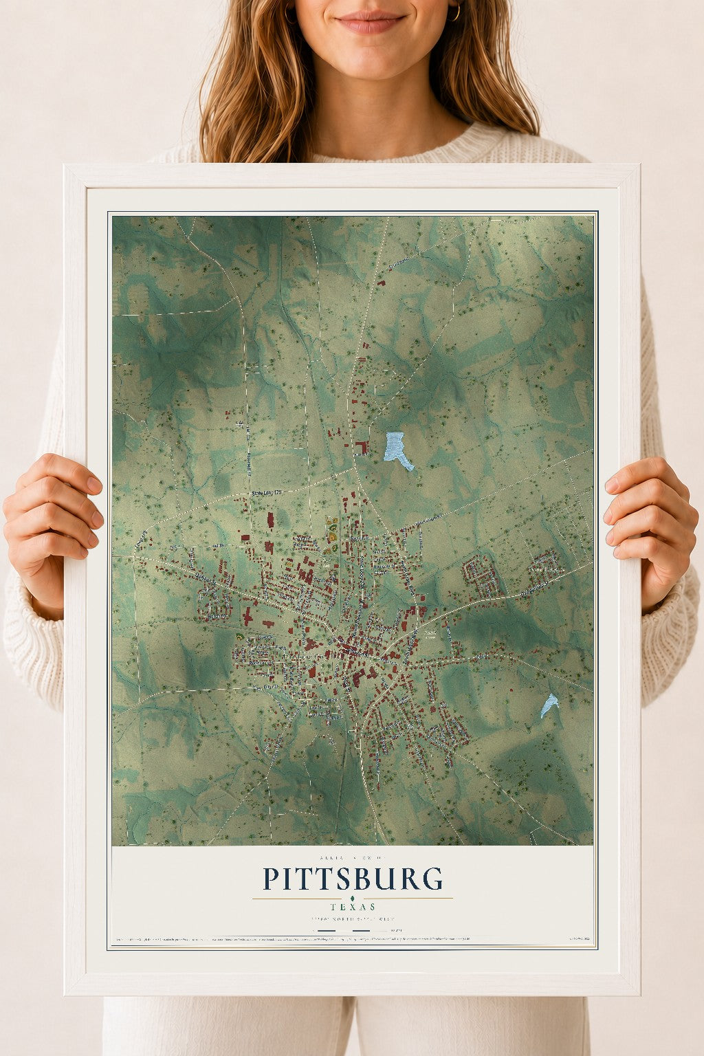 Map of Pittsburg, Texas, 18 x 24 inch print in a white wood frame