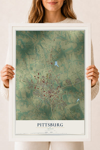 Map of Pittsburg, Texas, 18 x 24 inch print in a white wood frame