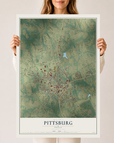 Map of Pittsburg, Texas, 24 x 36 inch unframed archival matte print
