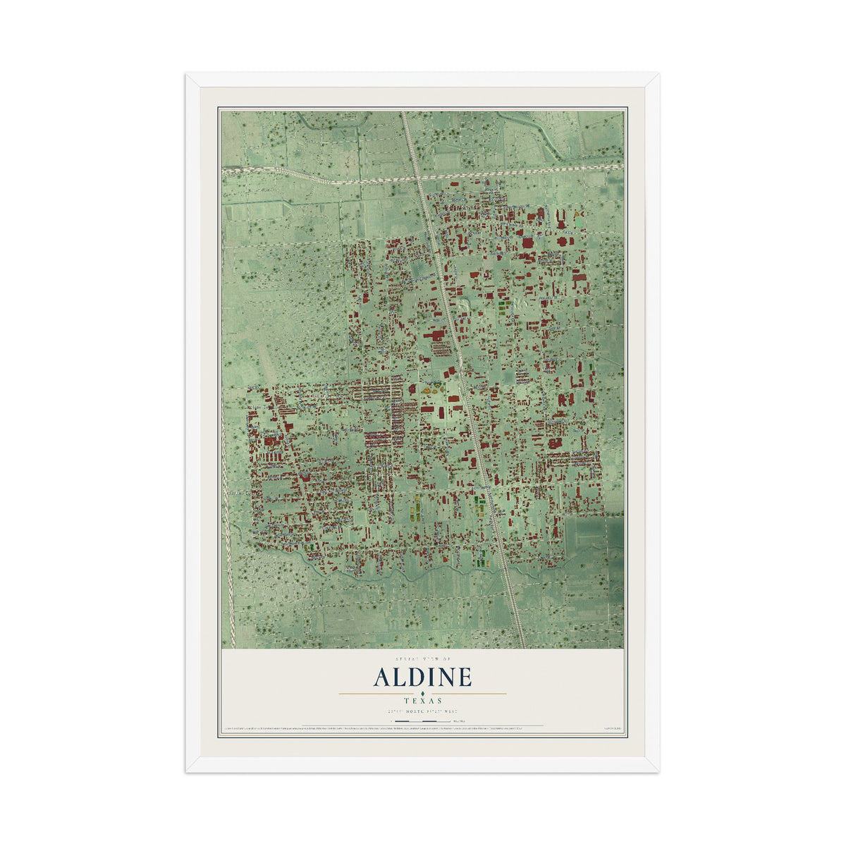 Map of Aldine, Texas, 12 x 18 inch print in a white wood frame