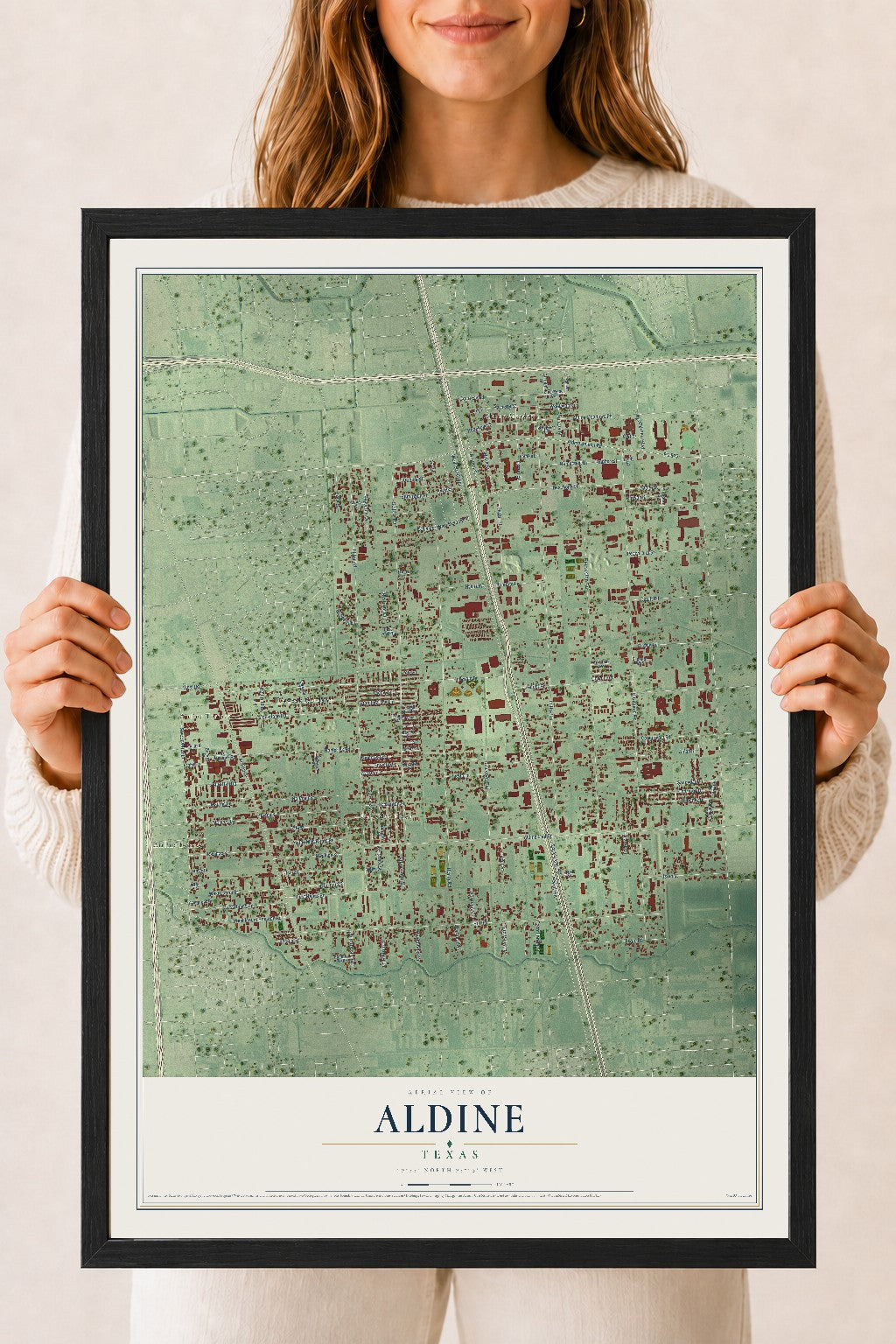 Map of Aldine, Texas, 18 x 24 inch print in a black wood frame