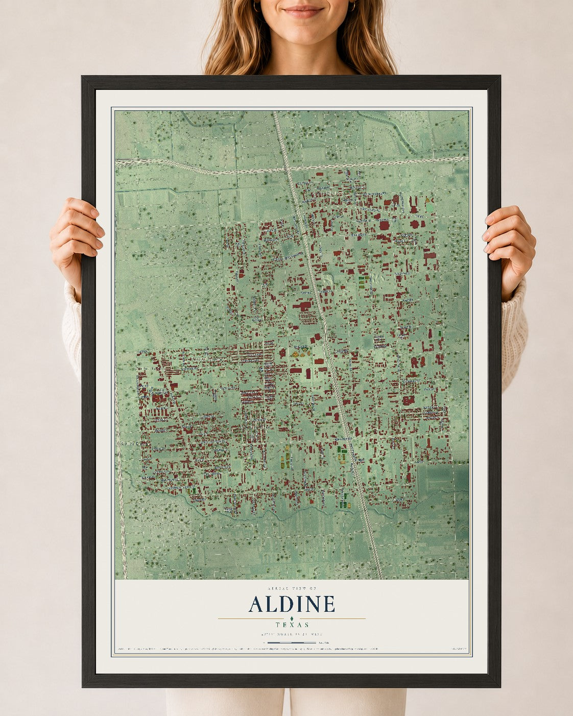 Map of Aldine, Texas, 24 x 36 inch print in a black wood frame