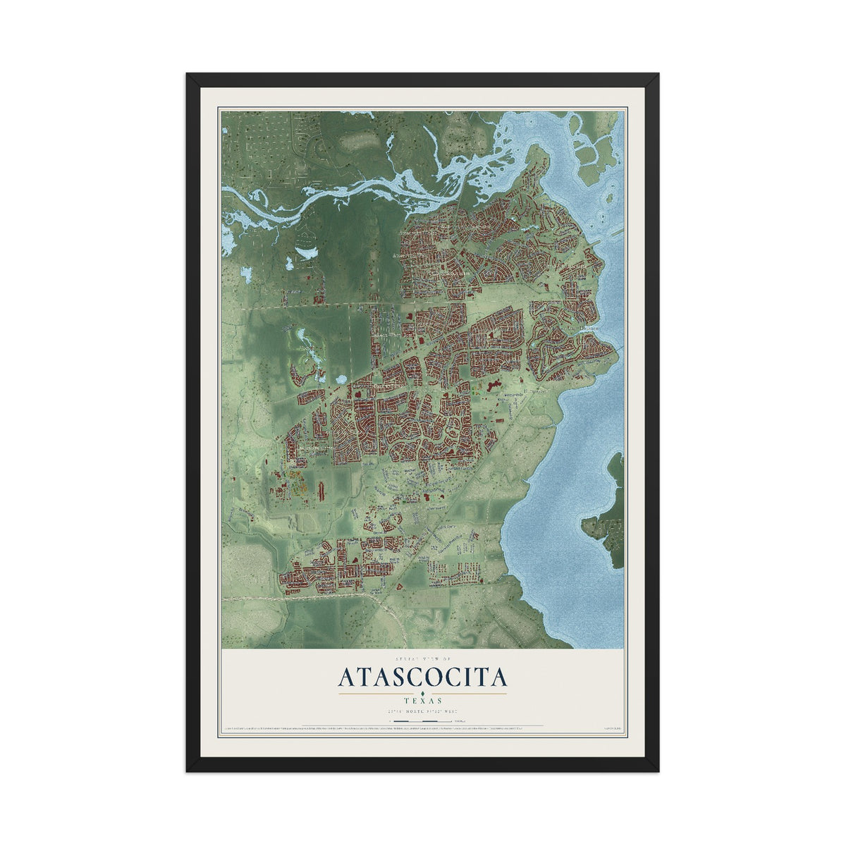 Map of Atascocita, Texas, 12 x 18 inch print in a black wood frame