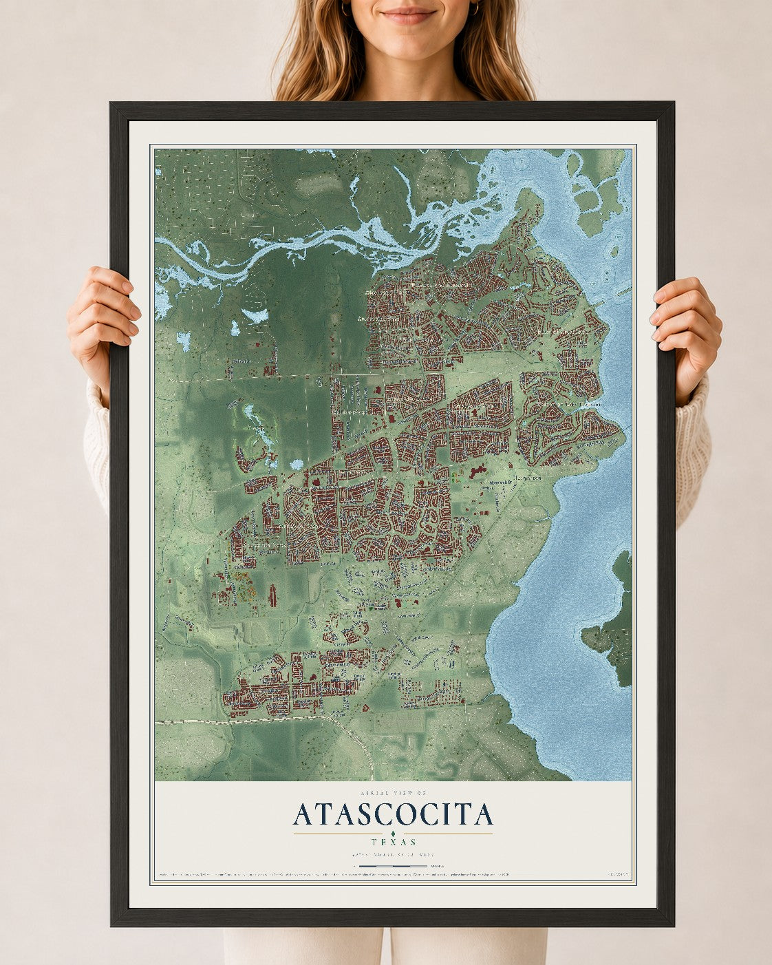 Map of Atascocita, Texas, 24 x 36 inch print in a black wood frame