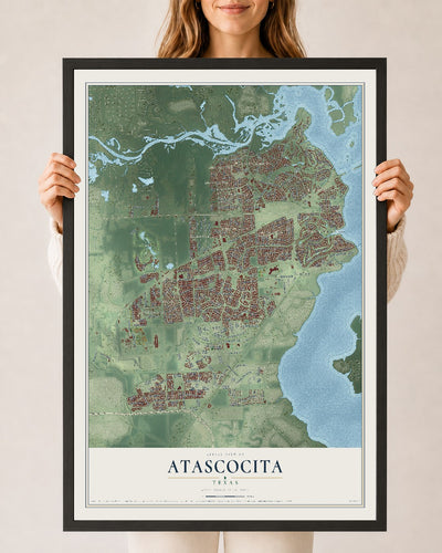 Map of Atascocita, Texas, 24 x 36 inch print in a black wood frame