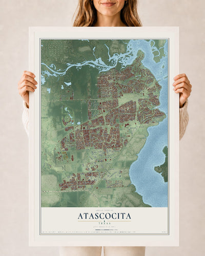 Map of Atascocita, Texas, 24 x 36 inch print in a white wood frame