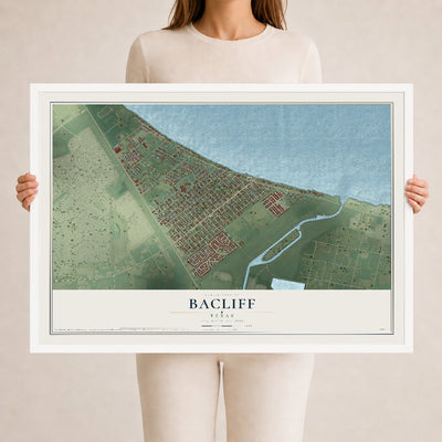 Map of Bacliff, Texas, 24 x 36 inch print in a white wood frame