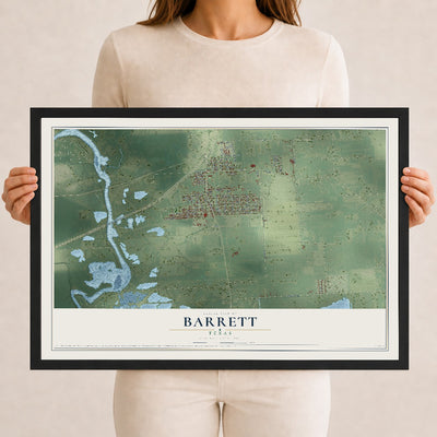 Map of Barrett, Texas, 12 x 18 inch print in a black wood frame