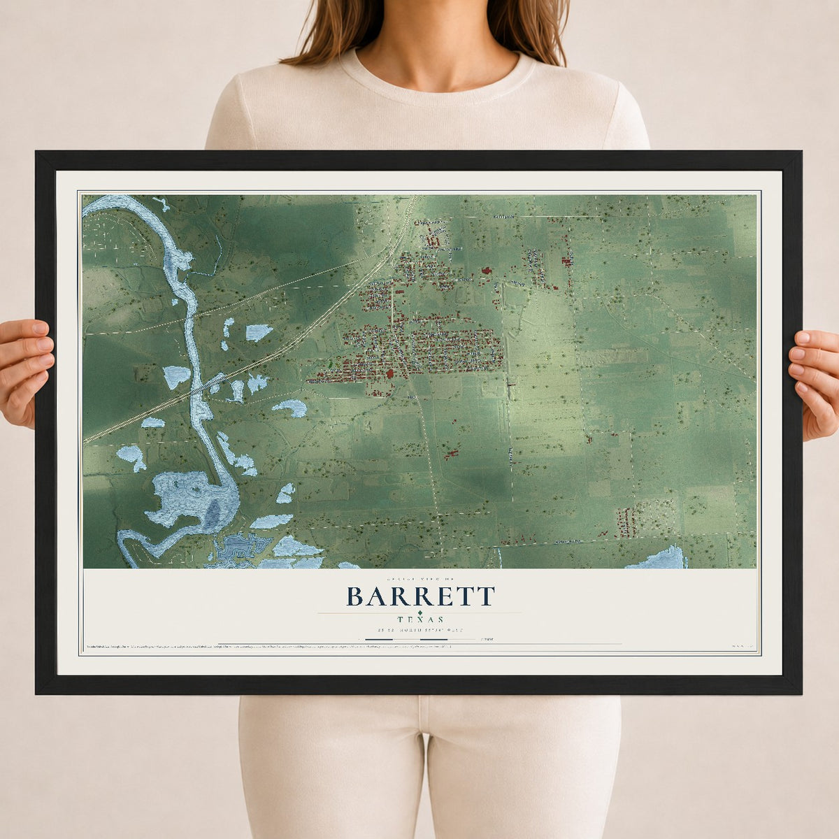 Map of Barrett, Texas, 18 x 24 inch print in a black wood frame