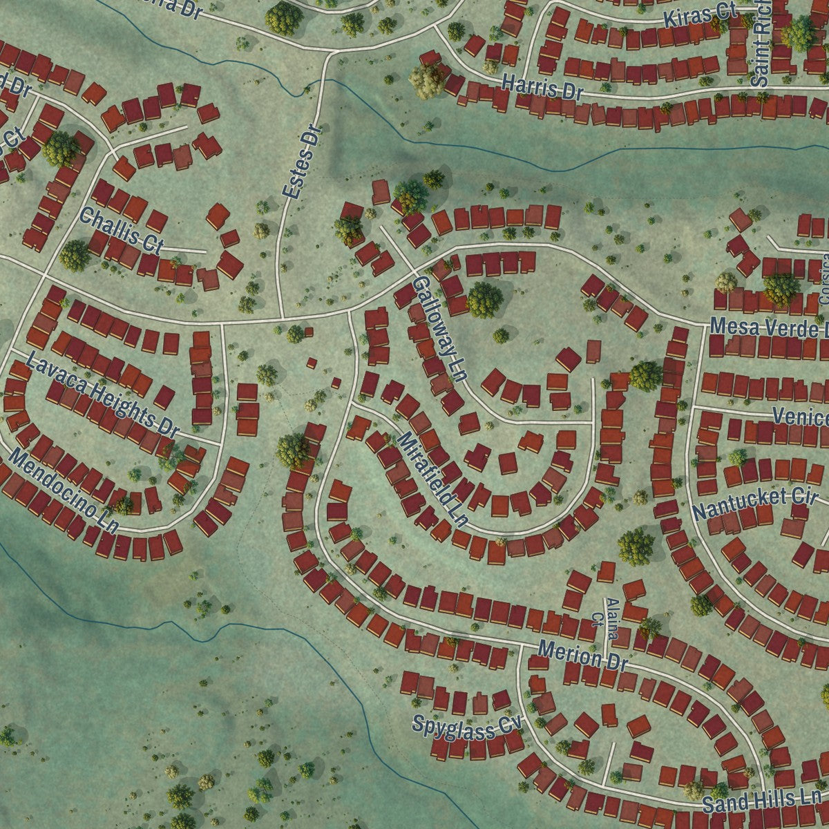 Second close-up of the map of Belterra, Texas print showing more streets and buildings