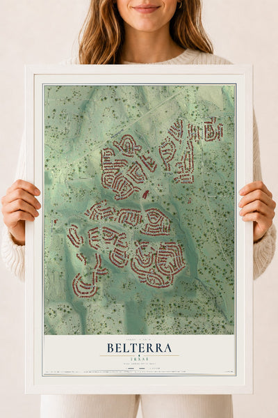 Map of Belterra, Texas, 18 x 24 inch print in a white wood frame