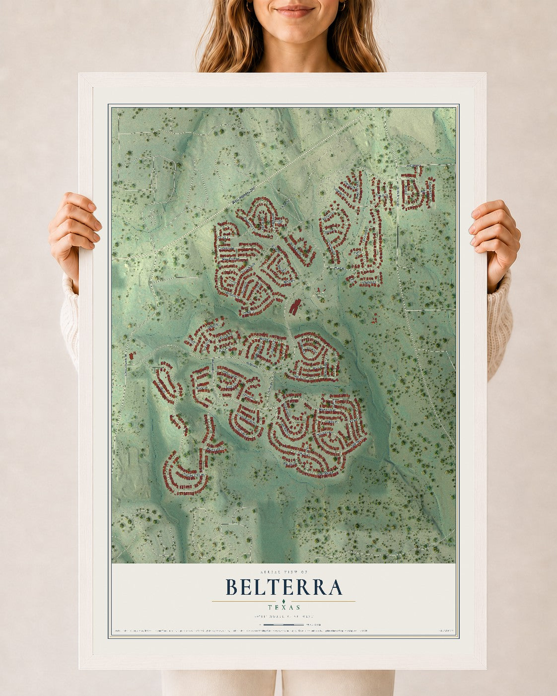 Map of Belterra, Texas, 24 x 36 inch print in a white wood frame